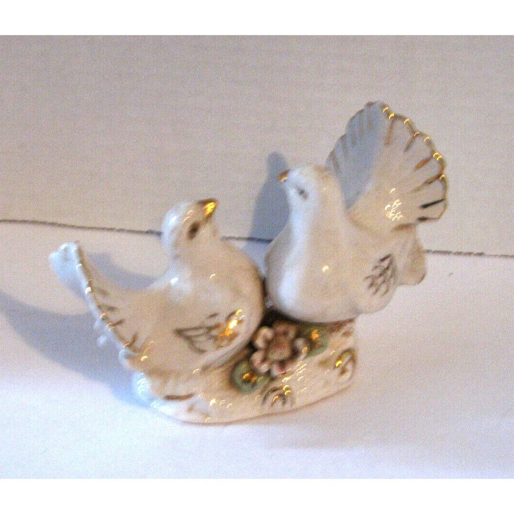 Porcelain White Turtle Doves Figurine with Gold Trim